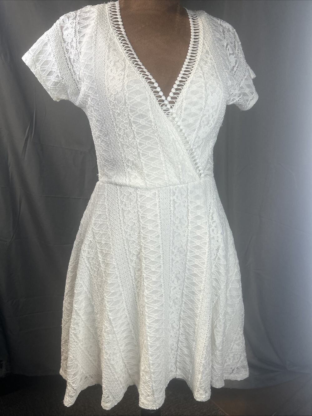 B. Darlin White Lace Wrap Mini Dress Skater Bride Bridal Small